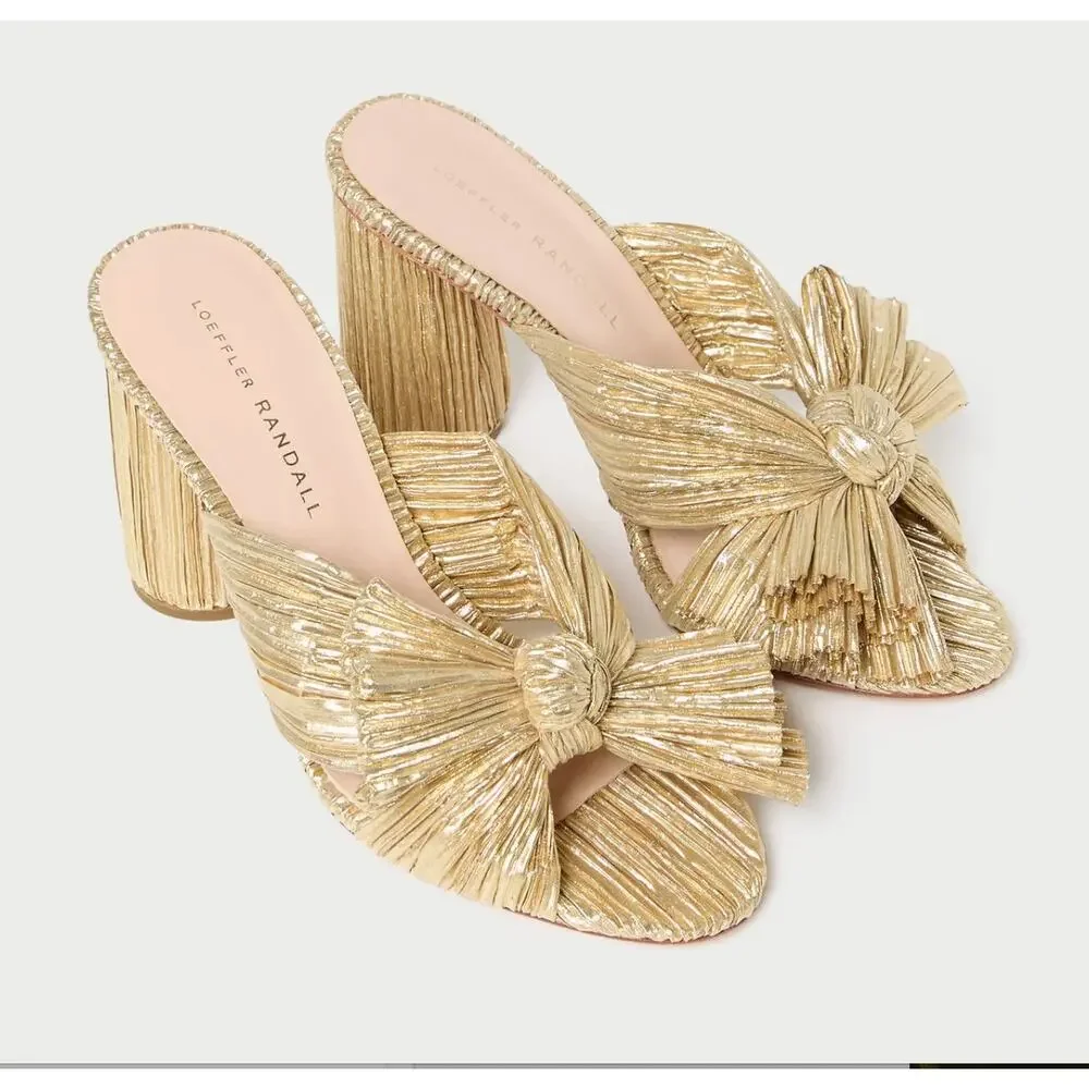 Loeffler Randall Penny Gold Pleated Bow Heel Size 6 NIB Glam Dressy Knotted Top